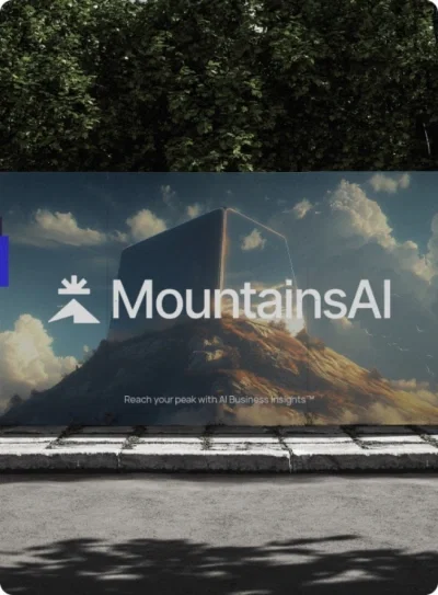 MountainsAI outdoor billboard displaying holographic mountain peak logo with tagline 'Reach your peak with AI Business Insights' against lush green trees and cloudy sky on urban street.