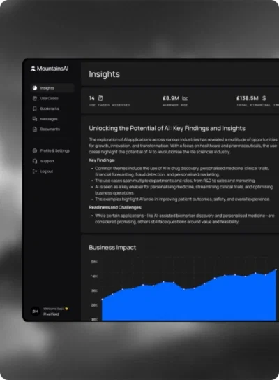 MountainsAI Insights dashboard screenshot showing AI analysis of life sciences industry with key findings on drug discovery, personalized medicine, business operations challenges, and upward-trending business impact graph from 2024-2025.